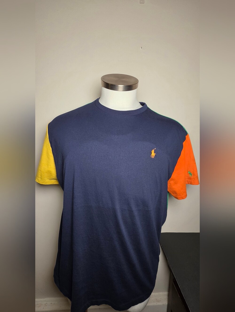 Polo by Ralph Lauren Navy Colorblock Tee with Yellow & Orange Sleeves